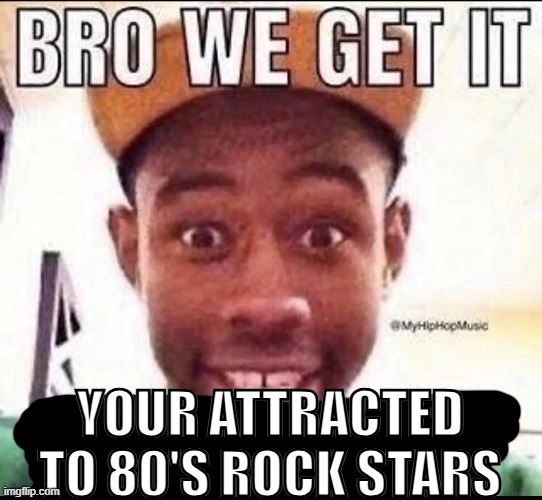 Bro we get it (blank) | YOUR ATTRACTED TO 80'S ROCK STARS | image tagged in bro we get it blank | made w/ Imgflip meme maker