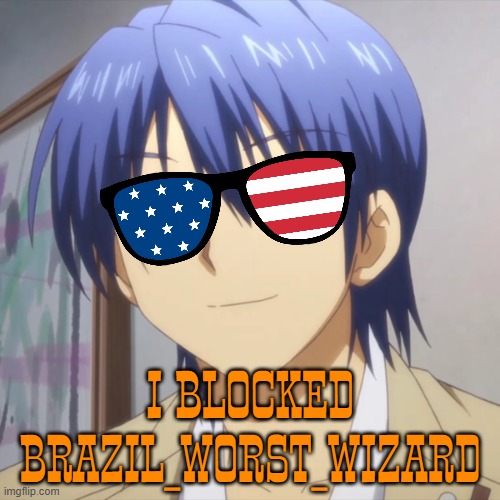 He keeps annoying me (used hinata from angel beats) | I BLOCKED BRAZIL_WORST_WIZARD | image tagged in sunglasses,patriotic,anime,angel beats,annoying | made w/ Imgflip meme maker