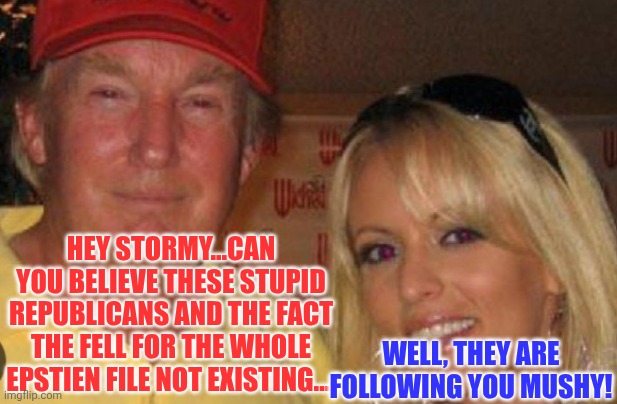 Side chick | HEY STORMY...CAN YOU BELIEVE THESE STUPID REPUBLICANS AND THE FACT THE FELL FOR THE WHOLE EPSTIEN FILE NOT EXISTING.... WELL, THEY ARE FOLLO | image tagged in side chick | made w/ Imgflip meme maker