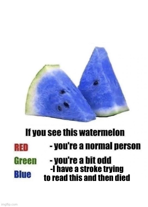 Blue Watermelon | -I have a stroke trying to read this and then died | image tagged in blue watermelon | made w/ Imgflip meme maker