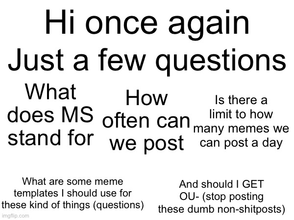 Just curious and hello once again | Hi once again; Just a few questions; What does MS stand for; How often can we post; Is there a limit to how many memes we can post a day; What are some meme templates I should use for these kind of things (questions); And should I GET OU- (stop posting these dumb non-shitposts) | image tagged in questions,sorry for the mild inconvenience,i thought that was a tag,it should have been,hello there,get out | made w/ Imgflip meme maker