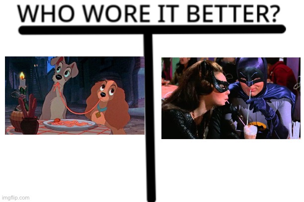 People vs dogs | image tagged in who wore it better,lady and the tramp 2,date night,batman,catwoman,batgirl | made w/ Imgflip meme maker