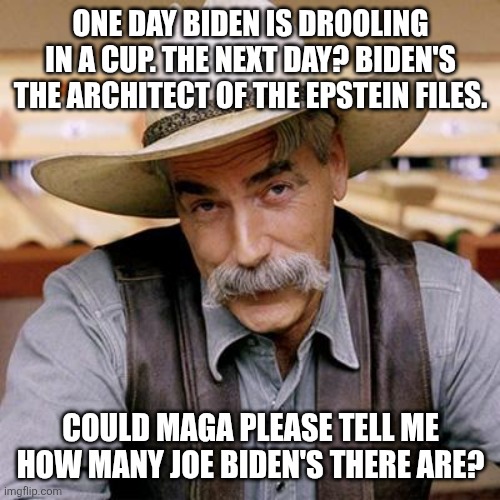 SARCASM COWBOY | ONE DAY BIDEN IS DROOLING IN A CUP. THE NEXT DAY? BIDEN'S THE ARCHITECT OF THE EPSTEIN FILES. COULD MAGA PLEASE TELL ME
HOW MANY JOE BIDEN'S | image tagged in sarcasm cowboy | made w/ Imgflip meme maker