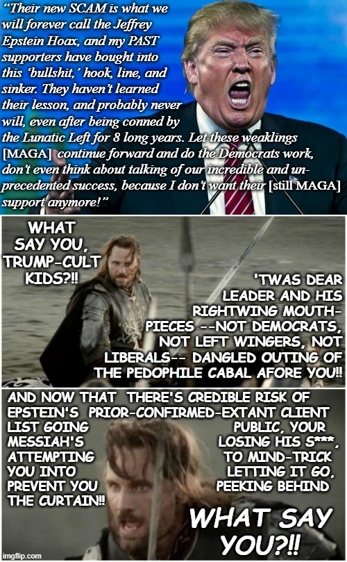 "Oh, yeah... I'ma stir the diddly outta that pot." *OR* "Nothing to fear? Okay. Release the list then." | “Their new SCAM is what we
will forever call the Jeffrey
Epstein Hoax, and my PAST
supporters have bought into
this ‘bullshit,’ hook, line, and
sinker. They haven’t learned
their lesson, and probably never
will, even after being conned by
the Lunatic Left for 8 long years. Let these weaklings
                continue forward and do the Democrats work,
don’t even think about talking of our incredible and un-
precedented success, because I don’t want their                   
support anymore!”; [MAGA]; [still MAGA]; WHAT SAY YOU,
TRUMP-CULT KIDS?!! 'TWAS DEAR
LEADER AND HIS
RIGHTWING MOUTH-
PIECES --NOT DEMOCRATS,
NOT LEFT WINGERS, NOT
LIBERALS-- DANGLED OUTING OF
THE PEDOPHILE CABAL AFORE YOU!! AND NOW THAT  THERE'S CREDIBLE RISK OF
EPSTEIN'S  PRIOR-CONFIRMED-EXTANT CLIENT
LIST GOING                           PUBLIC, YOUR
MESSIAH'S                         LOSING HIS S***,
ATTEMPTING                        TO MIND-TRICK
YOU INTO                            LETTING IT GO,
PREVENT YOU                      PEEKING BEHIND
THE CURTAIN!! WHAT SAY
YOU?!! | image tagged in angry trump,aragorn not this day,epstein list,pedophiles,let's go already | made w/ Imgflip meme maker