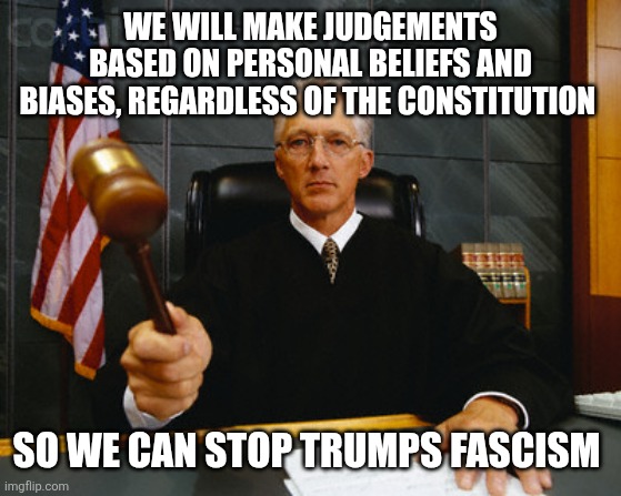 judge | WE WILL MAKE JUDGEMENTS BASED ON PERSONAL BELIEFS AND BIASES, REGARDLESS OF THE CONSTITUTION; SO WE CAN STOP TRUMPS FASCISM | image tagged in judge | made w/ Imgflip meme maker