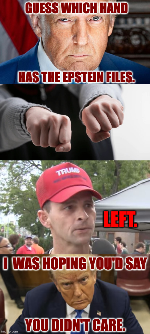 Guessing games. | GUESS WHICH HAND
 
 
 
 
HAS THE EPSTEIN FILES. LEFT. I  WAS HOPING YOU'D SAY; YOU DIDN'T CARE. | image tagged in trump supporter,memes,trump epstein,guessing games | made w/ Imgflip meme maker