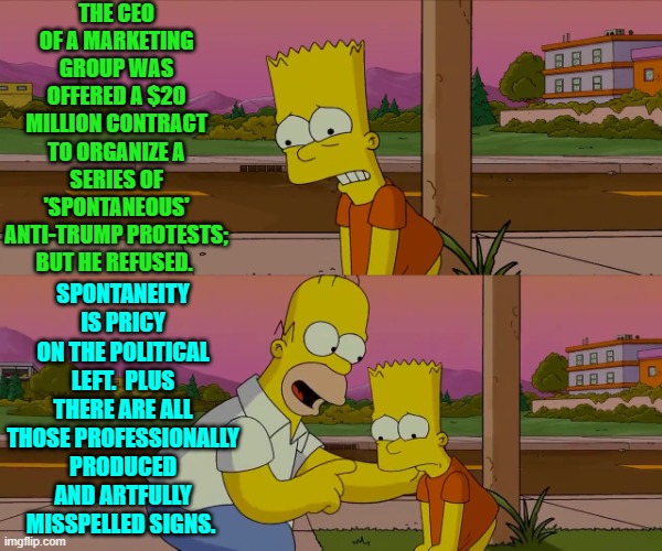 'Grass roots', leftists.  Look up its meaning. | THE CEO OF A MARKETING GROUP WAS OFFERED A $20 MILLION CONTRACT TO ORGANIZE A SERIES OF 'SPONTANEOUS' ANTI-TRUMP PROTESTS; BUT HE REFUSED. SPONTANEITY IS PRICY ON THE POLITICAL LEFT.  PLUS THERE ARE ALL THOSE PROFESSIONALLY PRODUCED AND ARTFULLY MISSPELLED SIGNS. | image tagged in homer and bart worst day so far | made w/ Imgflip meme maker