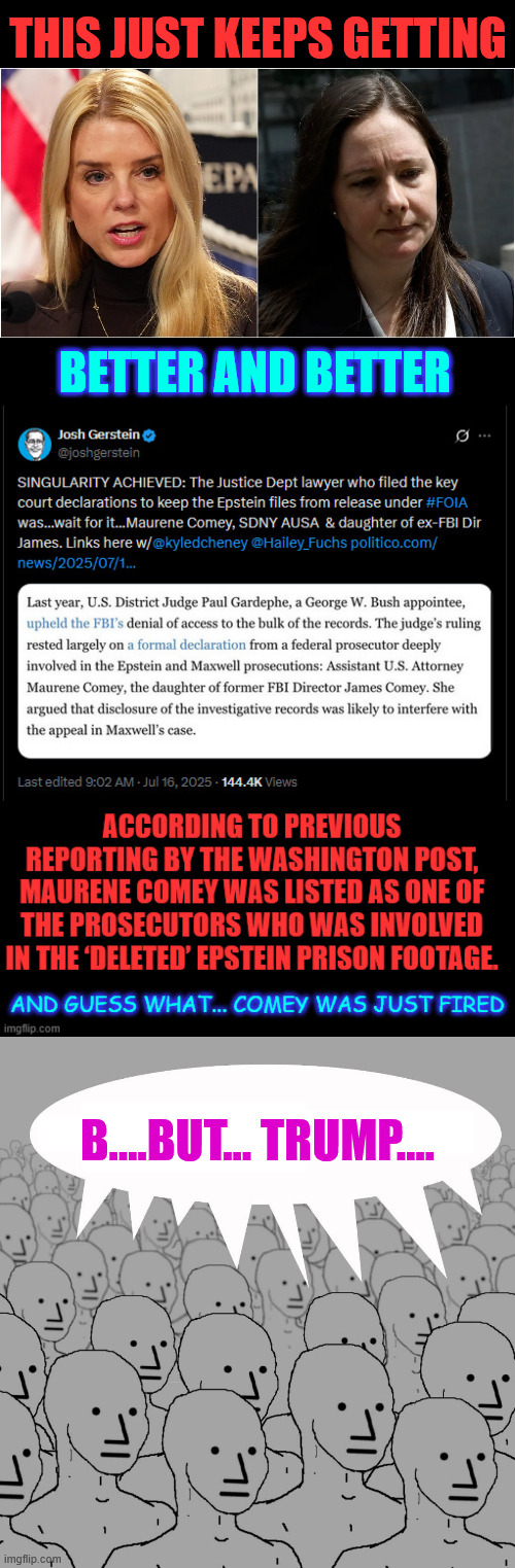 Oh there's a lot more coming... and dems are not going to be happy losing their latest narrative | THIS JUST KEEPS GETTING; BETTER AND BETTER; B....BUT... TRUMP.... | image tagged in npc,tds crowd not pleased,maureen comey,fired | made w/ Imgflip meme maker