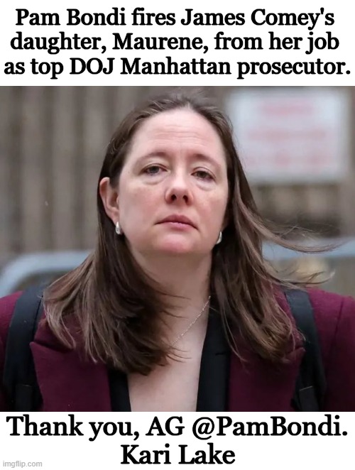 Maurene Comey worked on the prosecutions of Ghislaine Maxwell, Jeffrey Epstein, & Sean "Diddy" Combs. | Pam Bondi fires James Comey's 
daughter, Maurene, from her job 
as top DOJ Manhattan prosecutor. Thank you, AG @PamBondi.

Kari Lake | image tagged in james comey,daughter,you're fired,pam bondi,breaking news,manhattan prosecutor | made w/ Imgflip meme maker