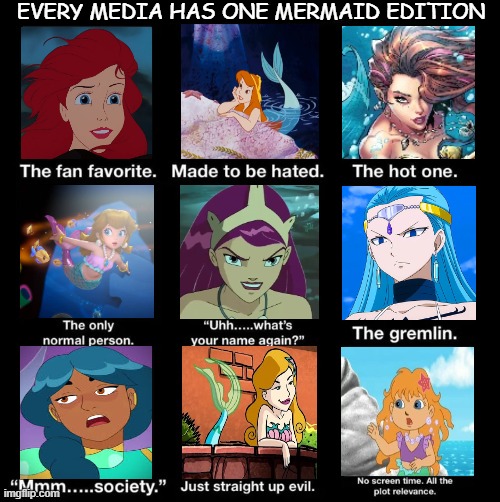 every media has one mermaid edition | EVERY MEDIA HAS ONE MERMAID EDITION | image tagged in mermaid edition,every media has one,the little mermaid,mermaid peach,comics/cartoons,fairy tail | made w/ Imgflip meme maker