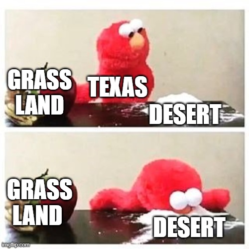 why texas lives in the desert | GRASS LAND; TEXAS; DESERT; GRASS LAND; DESERT | image tagged in elmo cocaine,texas | made w/ Imgflip meme maker