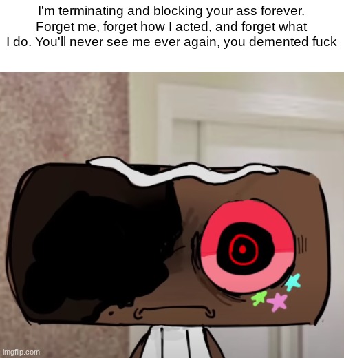 Cosmo Thousand yard stare | I'm terminating and blocking your ass forever.
Forget me, forget how I acted, and forget what I do. You'll never see me ever again, you deme | image tagged in cosmo thousand yard stare | made w/ Imgflip meme maker