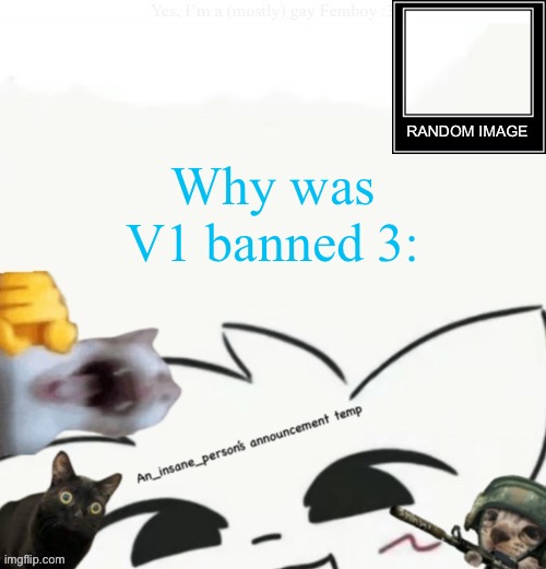 My lil announcement | Why was V1 banned 3: | image tagged in my lil announcement | made w/ Imgflip meme maker