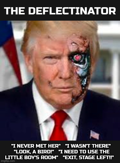 The DEFLECTINATOR | THE DEFLECTINATOR; "I NEVER MET HER"   "I WASN'T THERE"  "LOOK, A BIRD!"   "I NEED TO USE THE LITTLE BOY'S ROOM"   "EXIT, STAGE LEFT!!" | image tagged in trump,deflecting | made w/ Imgflip meme maker