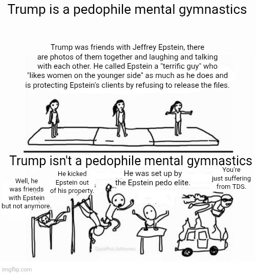 The mental gymnastics Trump supporters do to deny he is a pedo who was in cahoots with Epstein | Trump is a pedophile mental gymnastics; Trump was friends with Jeffrey Epstein, there are photos of them together and laughing and talking with each other. He called Epstein a "terrific guy" who "likes women on the younger side" as much as he does and is protecting Epstein's clients by refusing to release the files. Trump isn't a pedophile mental gymnastics; You're just suffering from TDS. He was set up by the Epstein pedo elite. Well, he was friends with Epstein but not anymore. He kicked Epstein out of his property. | image tagged in mental gymnastics,donald trump,jeffrey epstein,pedophiles,conservative logic | made w/ Imgflip meme maker