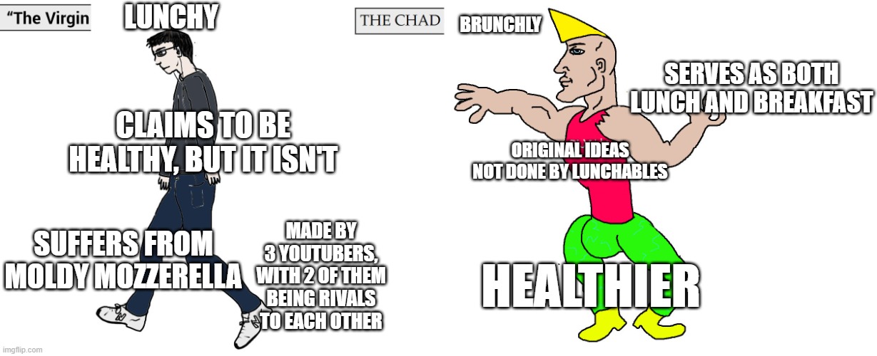 Virgin and Chad | LUNCHY; BRUNCHLY; SERVES AS BOTH LUNCH AND BREAKFAST; CLAIMS TO BE HEALTHY, BUT IT ISN'T; ORIGINAL IDEAS NOT DONE BY LUNCHABLES; MADE BY 3 YOUTUBERS, WITH 2 OF THEM BEING RIVALS TO EACH OTHER; SUFFERS FROM MOLDY MOZZERELLA; HEALTHIER | image tagged in virgin and chad | made w/ Imgflip meme maker