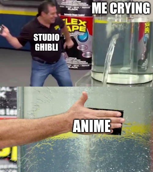 tysm studio Ghibli | ME CRYING; STUDIO GHIBLI; ANIME | image tagged in flex tape | made w/ Imgflip meme maker