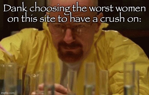 Walter White Cooking | Dank choosing the worst women on this site to have a crush on: | image tagged in walter white cooking | made w/ Imgflip meme maker