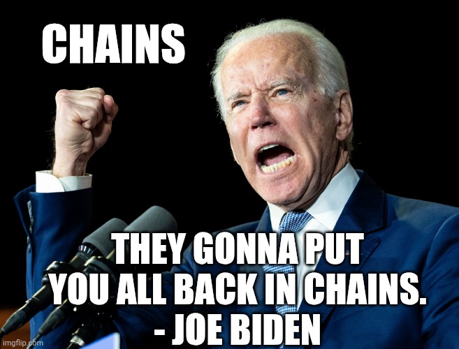 Joe Biden's fist | CHAINS THEY GONNA PUT YOU ALL BACK IN CHAINS.
- JOE BIDEN | image tagged in joe biden's fist | made w/ Imgflip meme maker