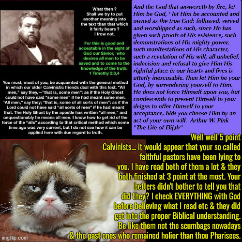 These 2 Abandoned 5 Point Calvinism! Be like them! | Well well 5 point Calvinists... it would appear that your so called faithful pastors have been lying to you. I have read both of them a lot & they both finished at 3 point at the most. Your betters didn't bother to tell you that did they? I check EVERYTHING with God before believing what I read etc & they did get into the proper Biblical understanding. Be like them not the scumbags nowadays & the past ones who remained holier than thou Pharisees. | image tagged in calvinism,arminian,molinism,reformed theology 5 point calvinists,spurgeon and pink abandoned determinism,wake up | made w/ Imgflip meme maker