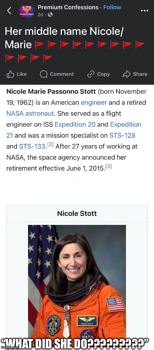 WHAT DID SHE DOOOOOO????? | “WHAT DID SHE DO?????????” | image tagged in sexy,sexy woman,astronaut,nasa,babe,hot | made w/ Imgflip meme maker