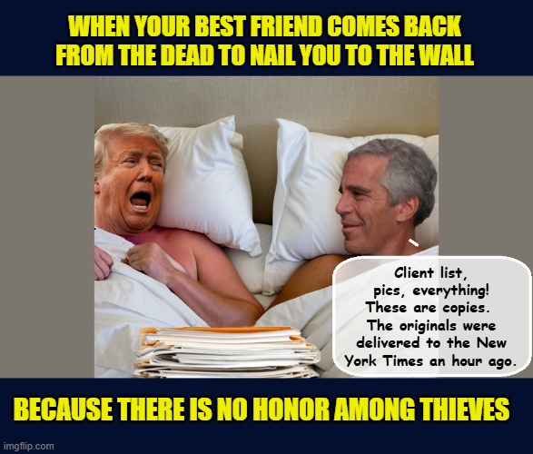 Donald Trump's worst nightmare... | WHEN YOUR BEST FRIEND COMES BACK FROM THE DEAD TO NAIL YOU TO THE WALL; Client list, pics, everything! These are copies.  The originals were delivered to the New York Times an hour ago. BECAUSE THERE IS NO HONOR AMONG THIEVES | image tagged in impeach trump,donald trump memes,government corruption,jeffrey epstein,trump is a moron | made w/ Imgflip meme maker