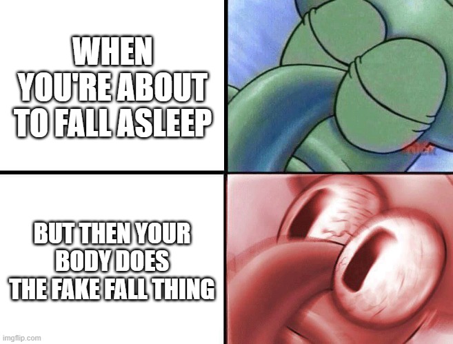 OH, GREAT HEAVENS | WHEN YOU'RE ABOUT TO FALL ASLEEP; BUT THEN YOUR BODY DOES THE FAKE FALL THING | image tagged in sleeping squidward,memes,funny | made w/ Imgflip meme maker