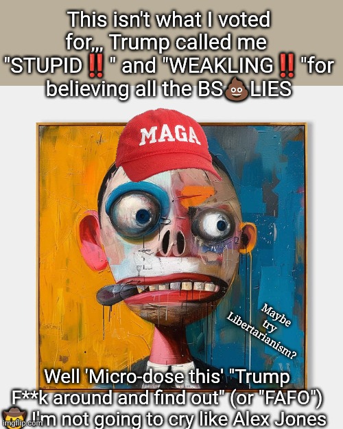 The point of no return | This isn't what I voted for,,, Trump called me  "STUPID‼️" and "WEAKLING‼️"for believing all the BS💩LIES; Maybe try Libertarianism? Well 'Micro-dose this' "Trump F**k around and find out" (or "FAFO") 🤠 I'm not going to cry like Alex Jones | image tagged in political meme,blank red maga hat,jeffrey epstein,donald trump the clown,republican party,political humor | made w/ Imgflip meme maker