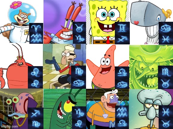 Spongebob Character Sun/Moon signs Season 1 | image tagged in spongebob,cartoons,nickelodeon,zodiac signs | made w/ Imgflip meme maker