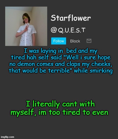 im hilarious yes ik | I was laying in  bed and my tired hah self said "Well i sure hope no demon comes and claps my cheeks, that would be terrible" while smirking; I literally cant with myself, im too tired to even | image tagged in starflower quest template | made w/ Imgflip meme maker