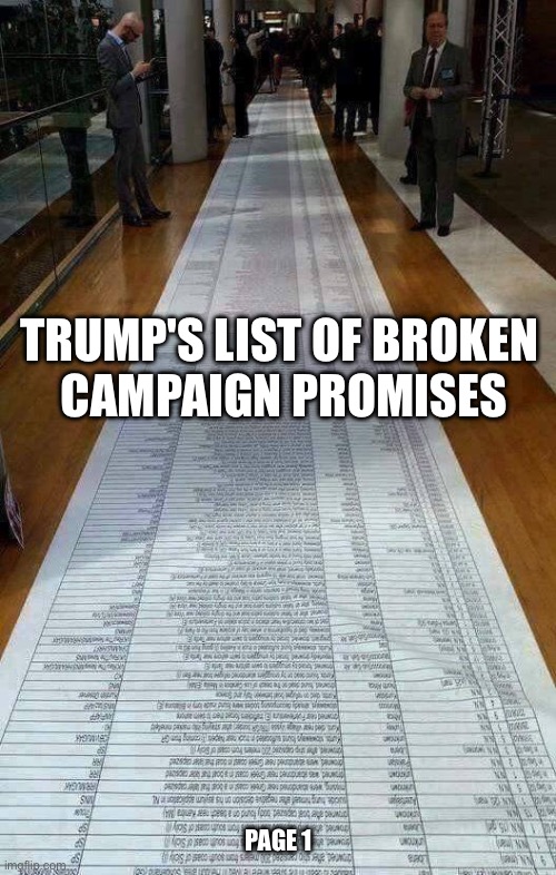 Trump‘s promises | TRUMP'S LIST OF BROKEN 
CAMPAIGN PROMISES; PAGE 1 | image tagged in really long list | made w/ Imgflip meme maker