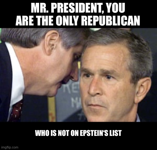 Bush not on the list | MR. PRESIDENT, YOU ARE THE ONLY REPUBLICAN; WHO IS NOT ON EPSTEIN‘S LIST | image tagged in george bush 9/11 | made w/ Imgflip meme maker
