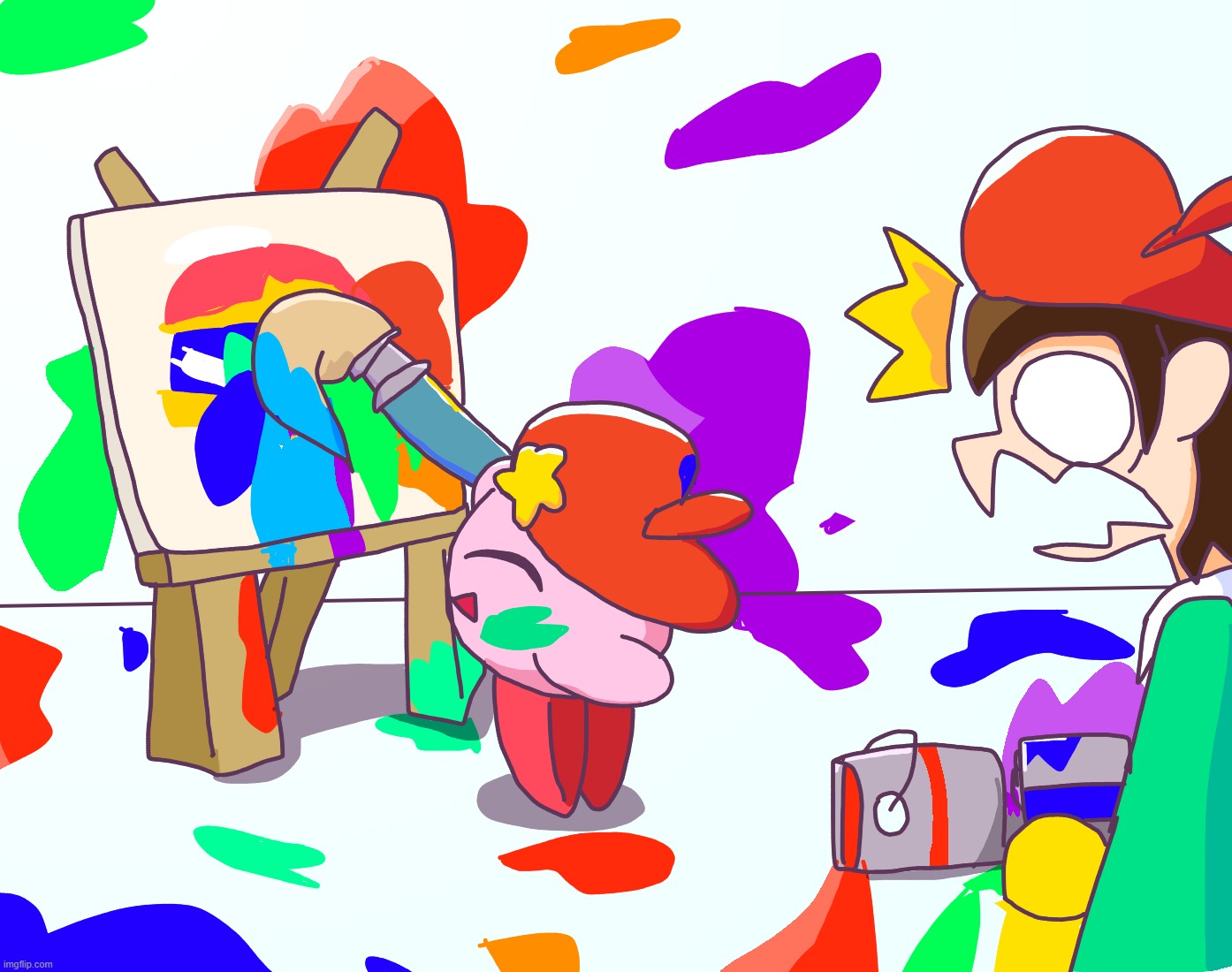 aww kirbys trying to help :D (contest entrée) | image tagged in adeleine spent hours painting tho | made w/ Imgflip meme maker