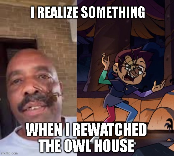 I realize something | I REALIZE SOMETHING; WHEN I REWATCHED THE OWL HOUSE | image tagged in the owl house,steve harvey,spider,prank | made w/ Imgflip meme maker