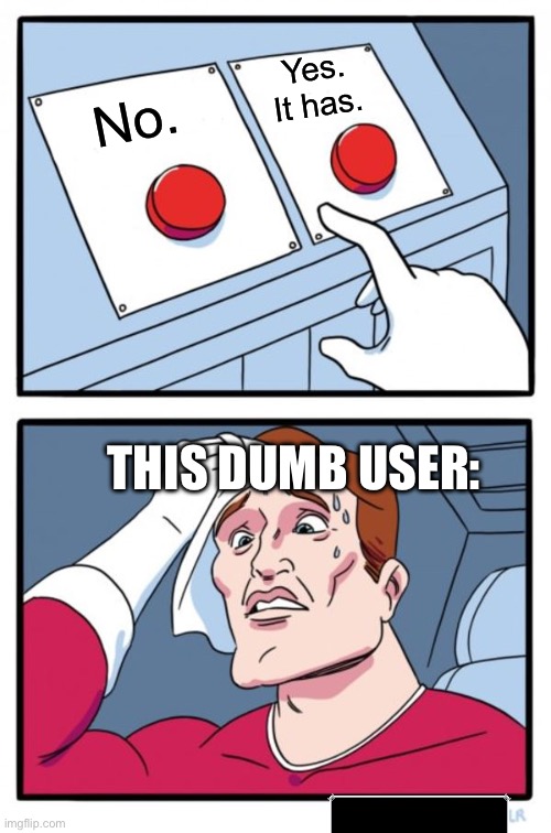 No. Yes. It has. THIS DUMB USER: | image tagged in memes,two buttons | made w/ Imgflip meme maker