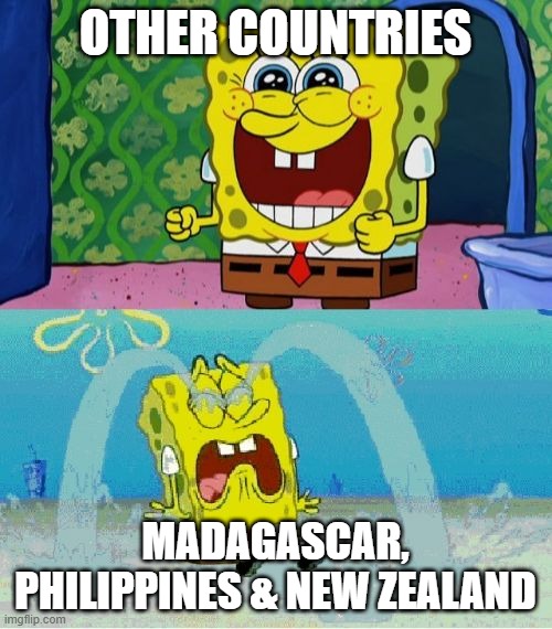 spongebob happy and sad | OTHER COUNTRIES MADAGASCAR, PHILIPPINES & NEW ZEALAND | image tagged in spongebob happy and sad | made w/ Imgflip meme maker
