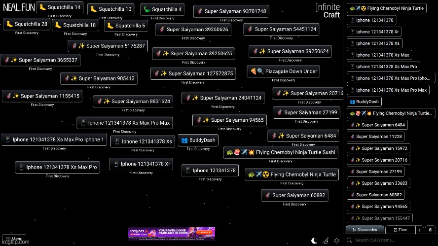 some of my infinite craft first discoveries (theres like 60 supersaiya men) | image tagged in game | made w/ Imgflip meme maker