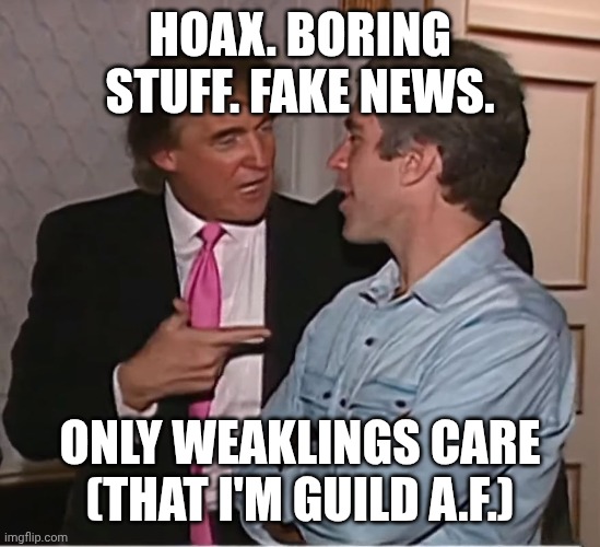 Time to start another war to distract the news cycle... | HOAX. BORING STUFF. FAKE NEWS. ONLY WEAKLINGS CARE (THAT I'M GUILD A.F.) | image tagged in trump epstein party,hoax,fake news,donald trump,maga | made w/ Imgflip meme maker