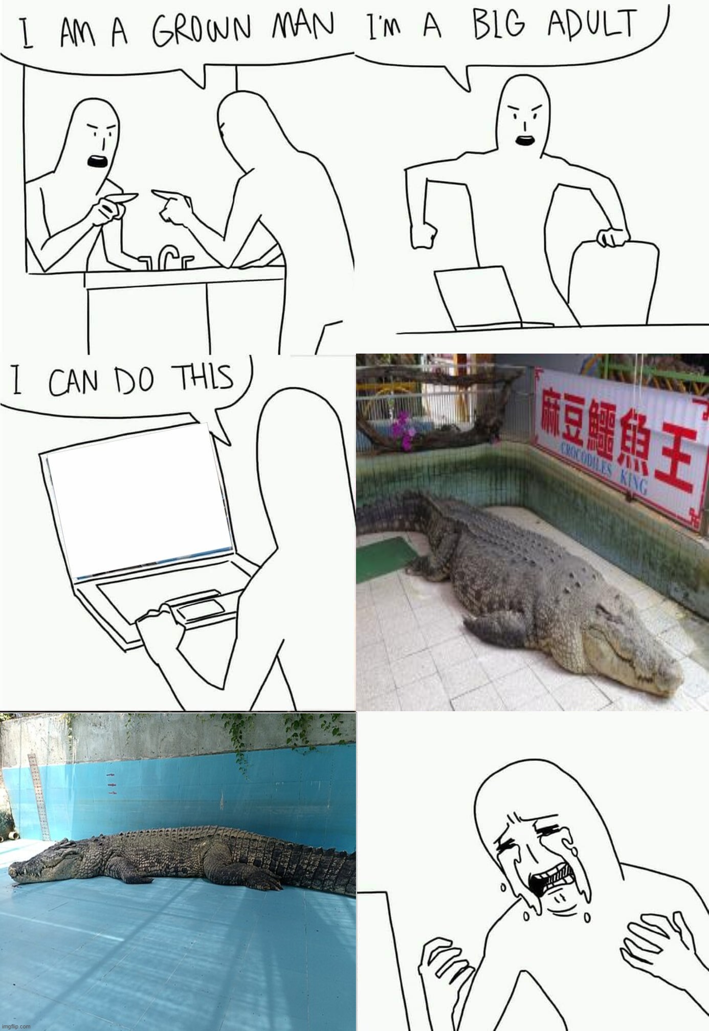 Xiaohe don't deserve to die,he is such a sweet boi,may he rest in peace | image tagged in i'm a grown man i am a big adult i can do this,sad,crocodile,china,zoo | made w/ Imgflip meme maker