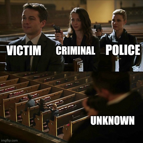 Assassination chain | VICTIM; CRIMINAL; POLICE; UNKNOWN | image tagged in assassination chain | made w/ Imgflip meme maker