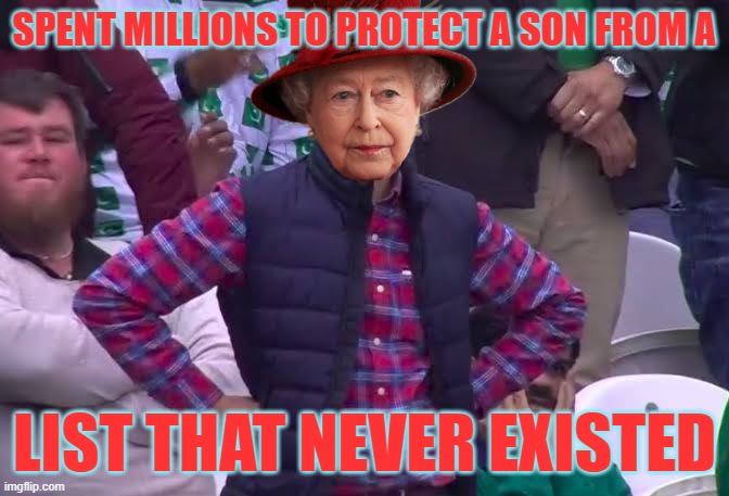 Disappointed Queen | SPENT MILLIONS TO PROTECT A SON FROM A; LIST THAT NEVER EXISTED | image tagged in disappointed man | made w/ Imgflip meme maker