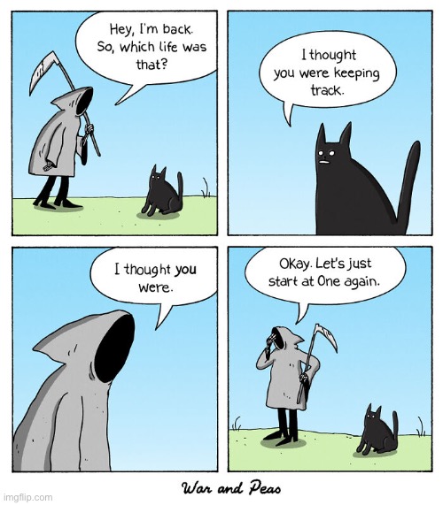 An extremely lucky black cat… | image tagged in cats,comics,war and peas,grim reaper,black cat,9 lives | made w/ Imgflip meme maker