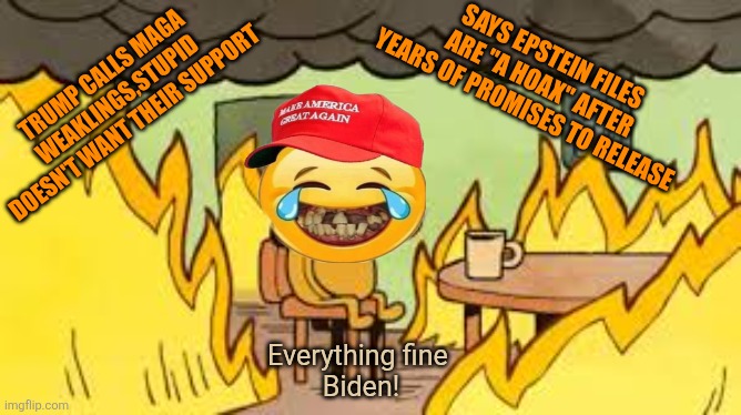 Maga's last dying breath will be Biden | SAYS EPSTEIN FILES ARE "A HOAX" AFTER YEARS OF PROMISES TO RELEASE; TRUMP CALLS MAGA WEAKLINGS,STUPID 
DOESN'T WANT THEIR SUPPORT; Everything fine 
Biden! | image tagged in evrything is fine,donald trump,biden,maga,deep denial,forever | made w/ Imgflip meme maker