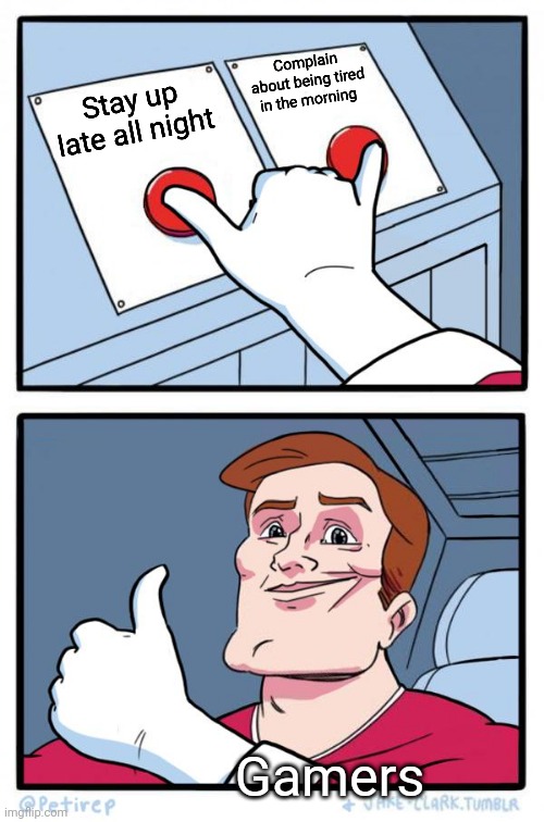 Night is for weeping and sleeping | Complain about being tired in the morning; Stay up late all night; Gamers | image tagged in both buttons pressed | made w/ Imgflip meme maker