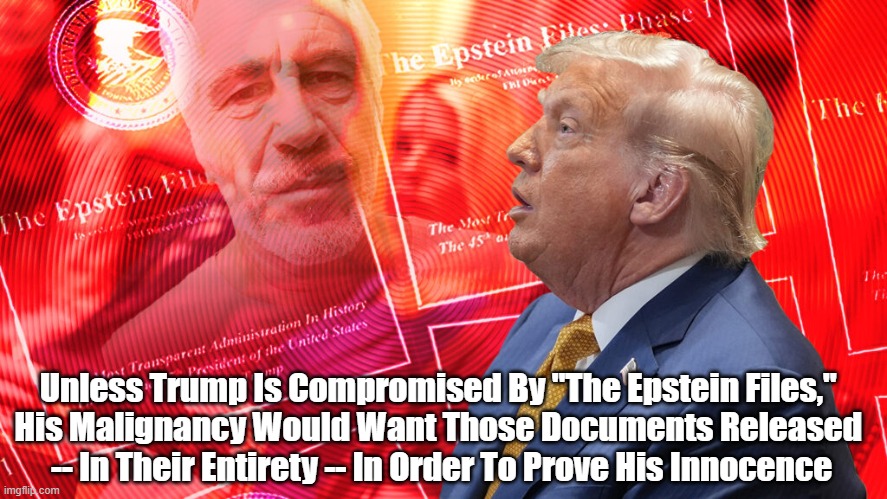 Proof Of Trump's Guilt Is In The Epstein Files | Unless Trump Is Compromised By "The Epstein Files," 
His Malignancy Would Want Those Documents Released 
-- In Their Entirety -- In Order To Prove His Innocence | image tagged in trump,epstein,epstein files,trump is guilty | made w/ Imgflip meme maker