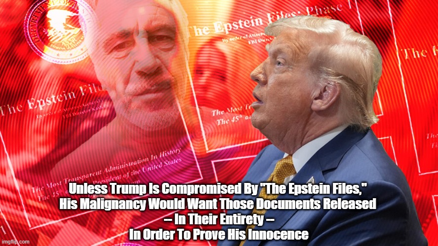 Unless Trump Is Seriously Compromised By The Epstein Files, His Malignancy Would Want Those Documents Released | Unless Trump Is Compromised By "The Epstein Files," 
His Malignancy Would Want Those Documents Released 

-- In Their Entirety --
In Order To Prove His Innocence | image tagged in epstein,trump,sexual assault,pimping,pandering,pederasty | made w/ Imgflip meme maker