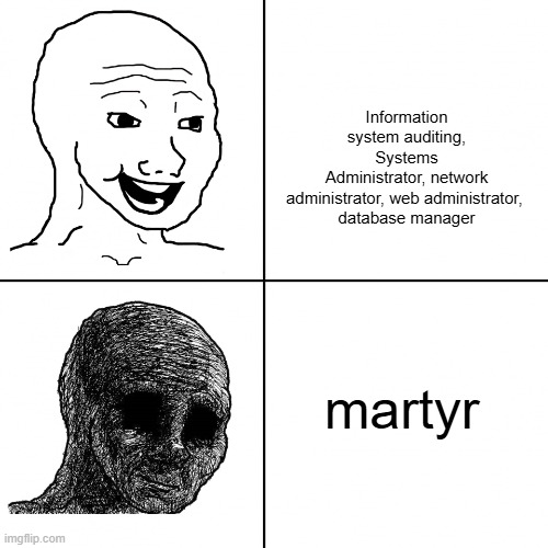 martyr | Information system auditing, Systems Administrator, network administrator, web administrator, 
database manager; martyr | image tagged in happy wojak vs depressed wojak | made w/ Imgflip meme maker