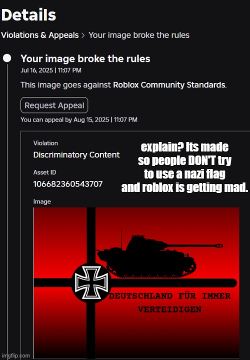 roblox moderation pmo. do yall see a swastika anywhere? "The cross thingy--" thats an iron cross, its an old symbol of europe. | explain? Its made so people DON'T try to use a nazi flag and roblox is getting mad. | image tagged in banned from roblox,roblox | made w/ Imgflip meme maker