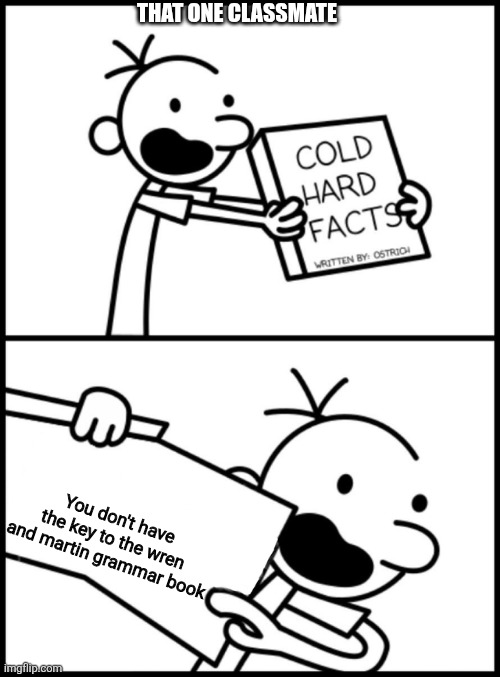 That's always frustating | THAT ONE CLASSMATE; You don't have the key to the wren and martin grammar book | image tagged in greg heffley cold hard facts,school,kid,that one kid,oh wow are you actually reading these tags | made w/ Imgflip meme maker