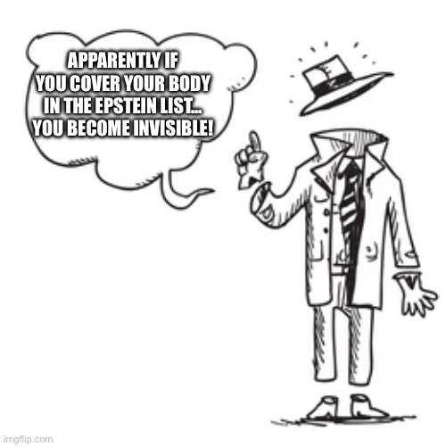 Invisible Epstein List | APPARENTLY IF YOU COVER YOUR BODY IN THE EPSTEIN LIST…
YOU BECOME INVISIBLE! | image tagged in jeffrey epstein,conspiracy theory | made w/ Imgflip meme maker
